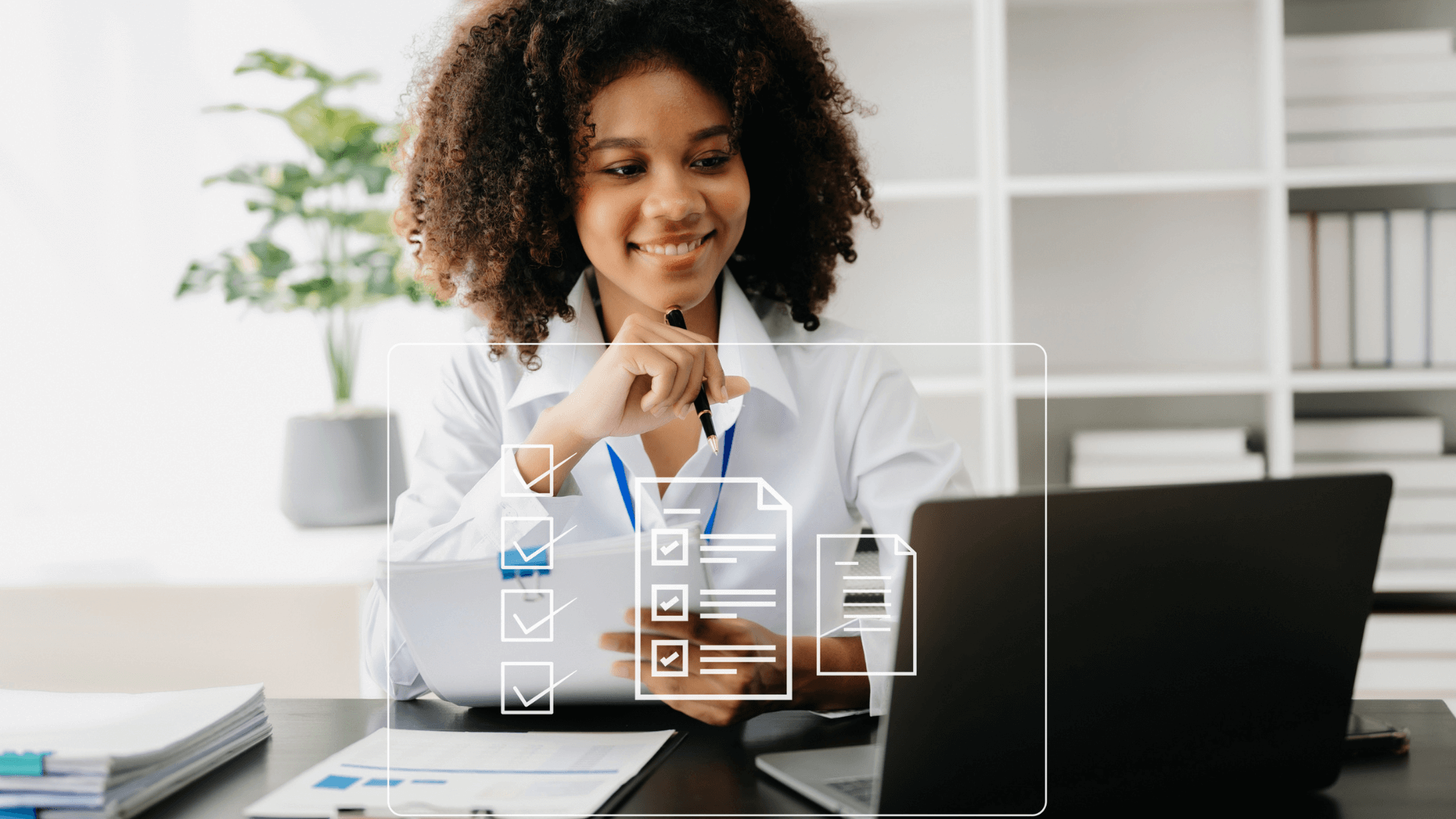 Remote Airbnb Property Management A girl with curly hairs is smiling while looking into laptop screen